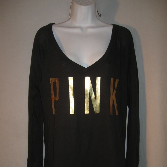 PINK Victoria's Secret Tops - Victoria's Secret Pink V-Neck Gold Pink Top M